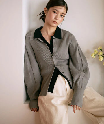 Functional material silk blend knit polo volume sleeve knit cardigan / anti-pill / machine washable