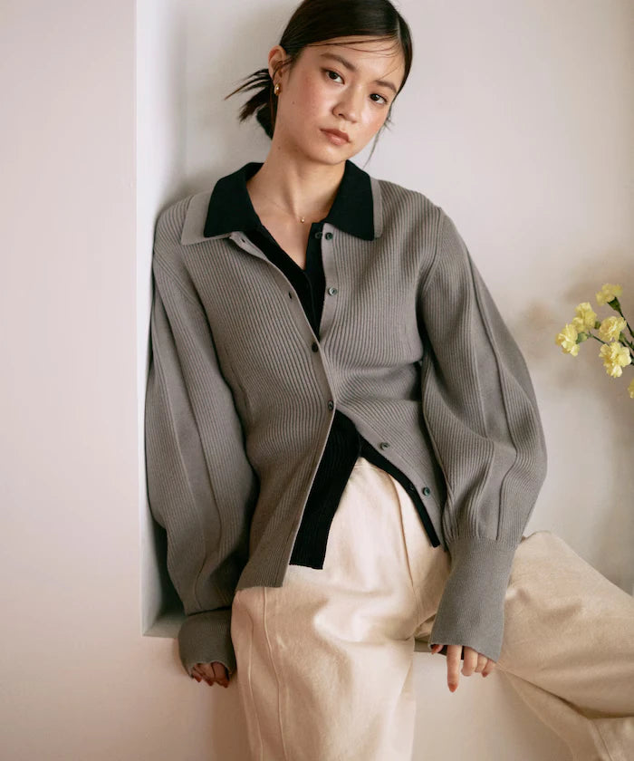 Functional material silk blend knit polo volume sleeve knit cardigan / anti-pill / machine washable