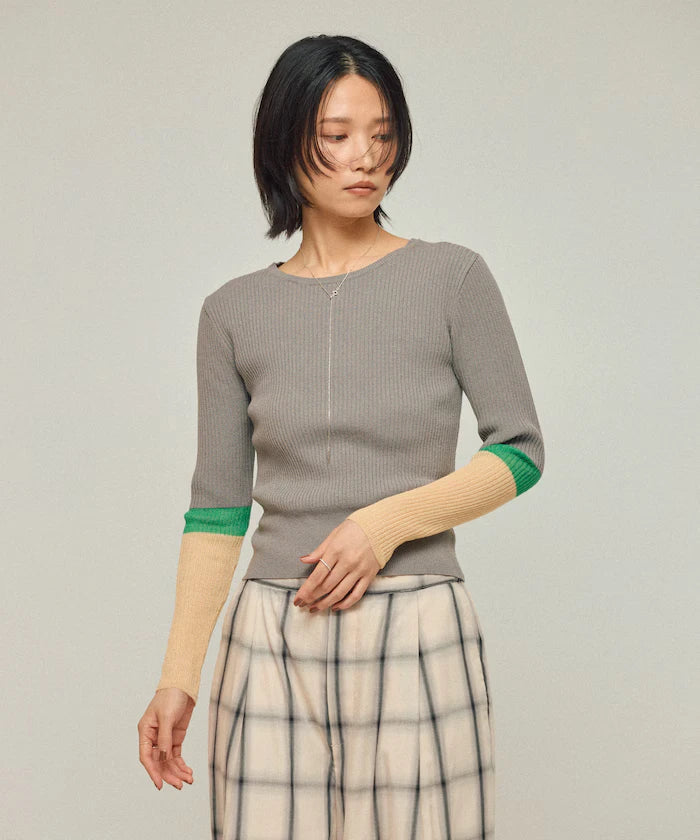 Functional material silk blend color block knit pullover / anti-pill / machine washable