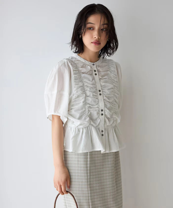 Sheer Shirring Volume Sleeve Blouse / 5 Short Sleeves