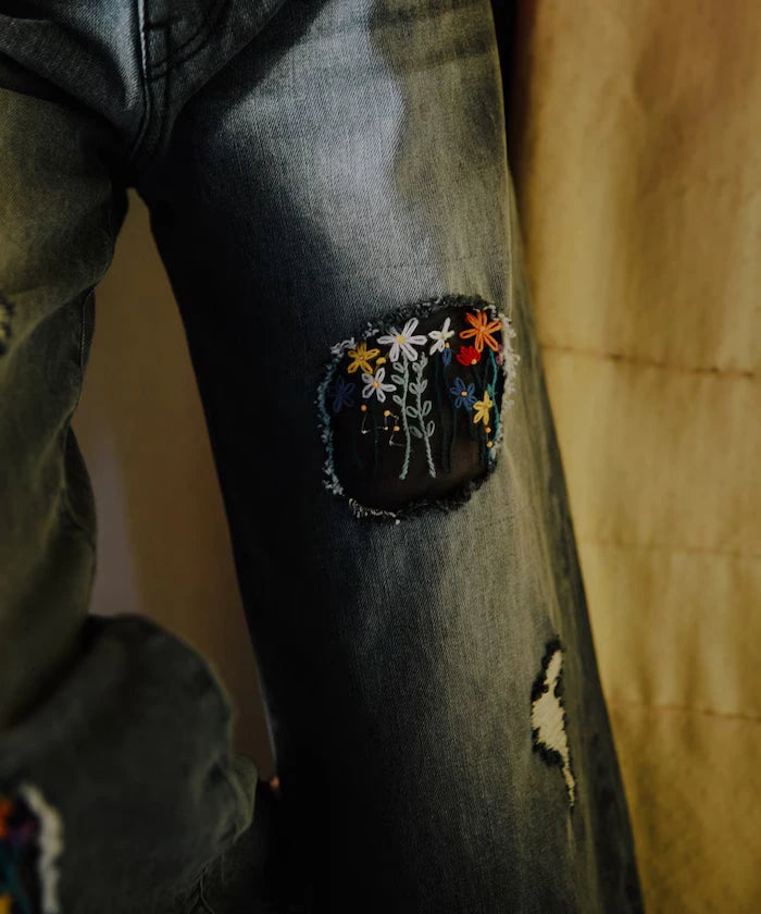 Flower Embroidery Wide Denim