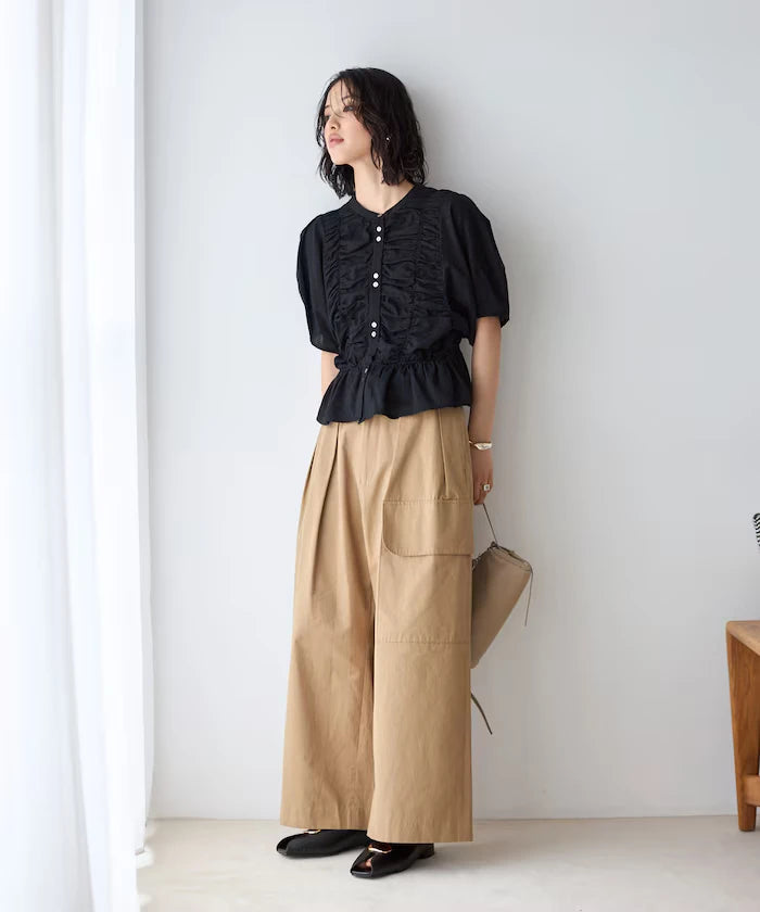 Sheer Shirring Volume Sleeve Blouse / 5 Short Sleeves
