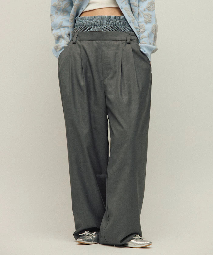 Velour Double Waist Easy Slacks / Wide Silhouette Wool-like Slacks Pants