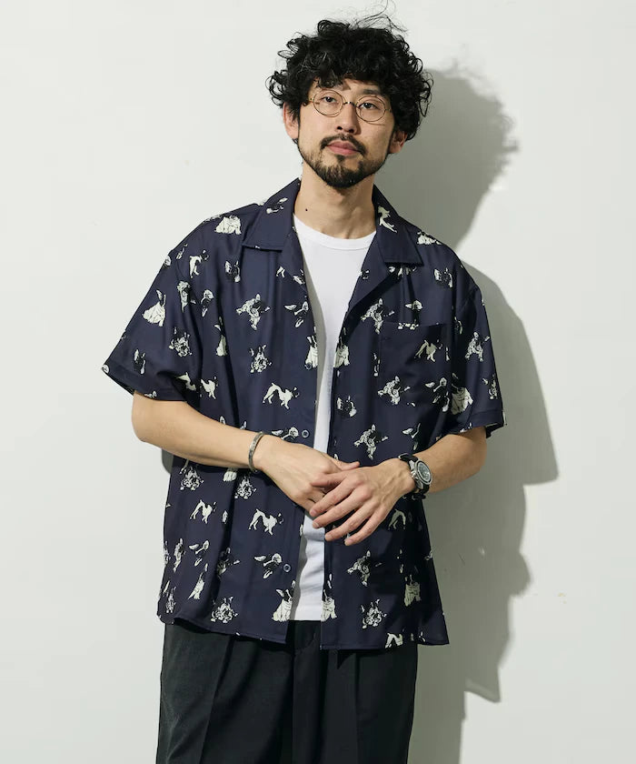 Mesh Open Collar Pattern Short Sleeve Shirt / Allover Design Open Collar Shirt / Big Silhouette