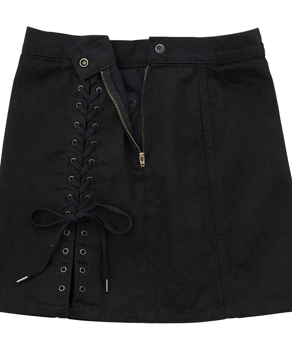 APPLE PANDA Embroidered Side Lace-Up Denim Mini Skirt
