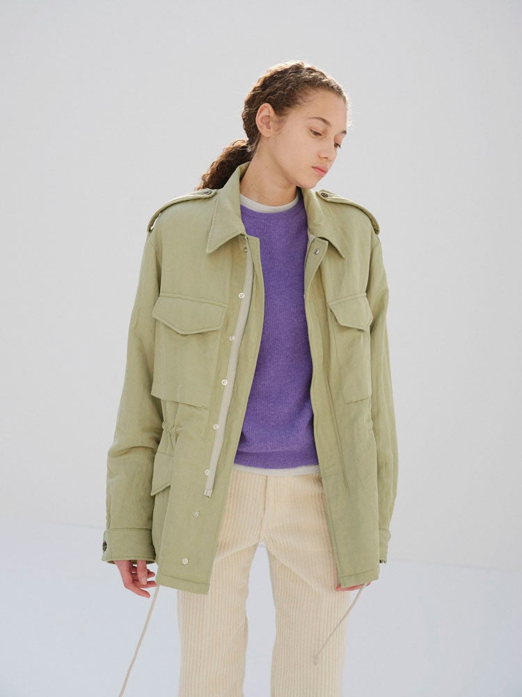 BRUSHED SILK LINEN SATIN PADDED MILITARY BLOUSON