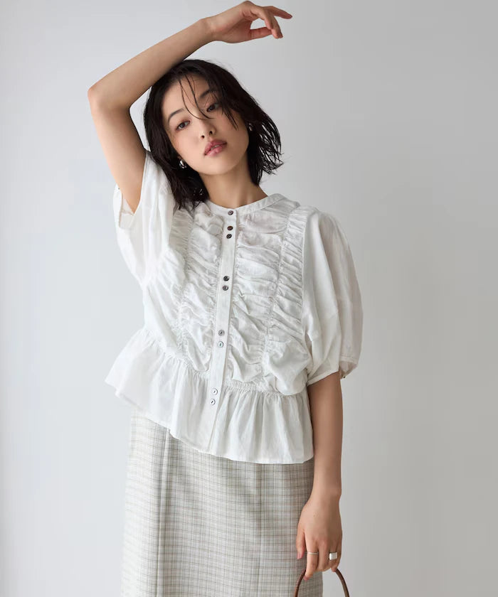 Sheer Shirring Volume Sleeve Blouse / 5 Short Sleeves