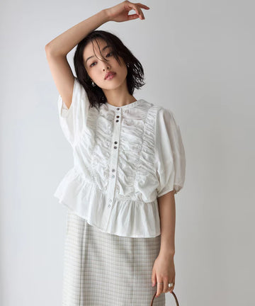Sheer Shirring Volume Sleeve Blouse / 5 Short Sleeves