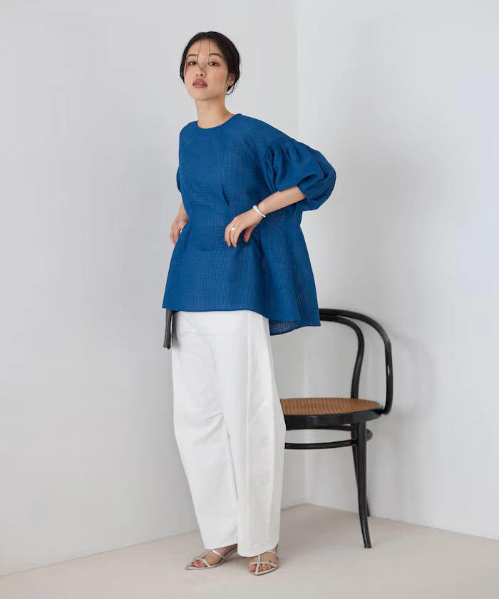 Sheer Check Balloon Sleeve Blouse