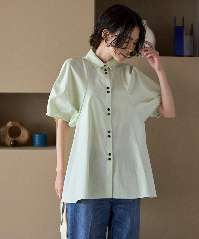 Color Added Balloon Sleeve Shirt / 5 Sleeve Blouse