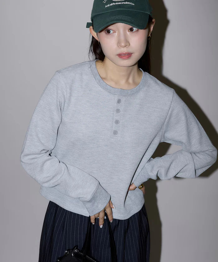 Mini Waffle Henley Neck Cropped Long Sleeve T Limited Edition