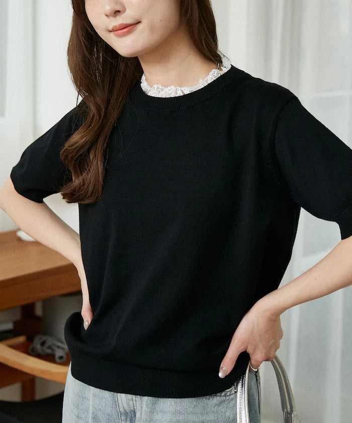 Lace Docking Short Sleeve Knit Top Limited Edition