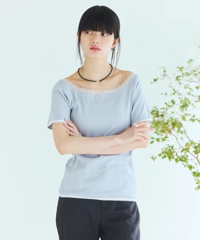 Boat Neck Pullover Knit Lace T-Shirt