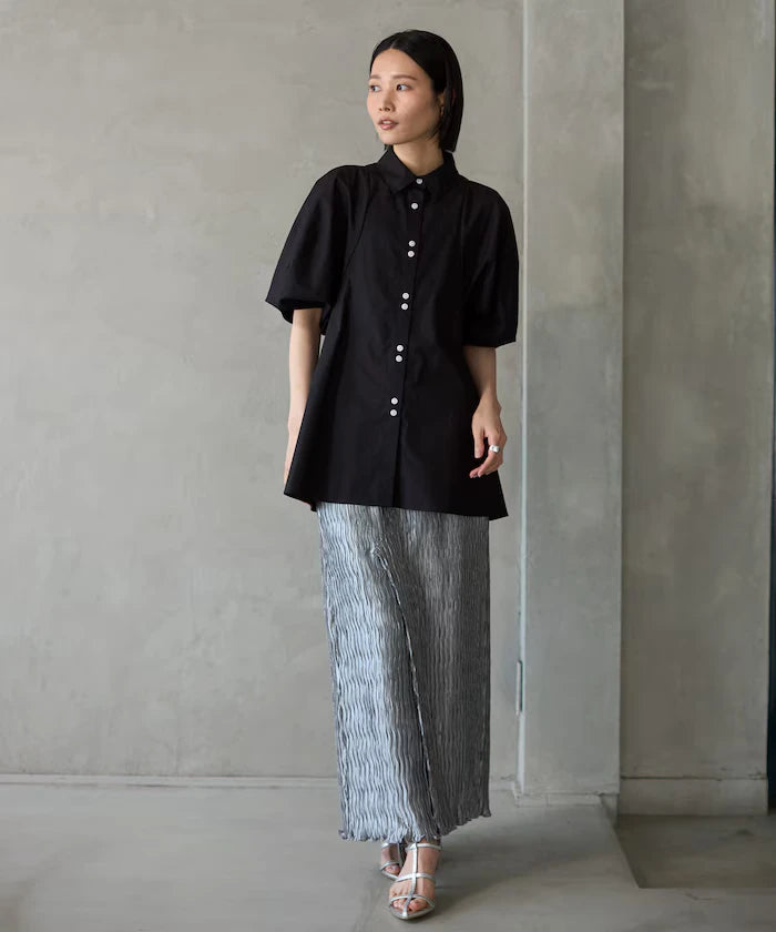 Switching Design Balloon Sleeve Shirt / 5-Minute Sleeve Blouse