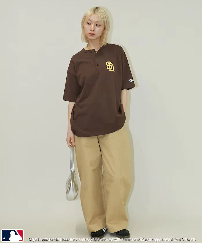 Limited Edition MLB Logo Print Henley Neck Oversized T-Shirt