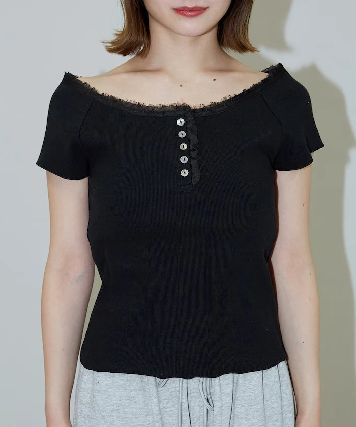 Collar Lace Contrast Henry Rib T-Shirt