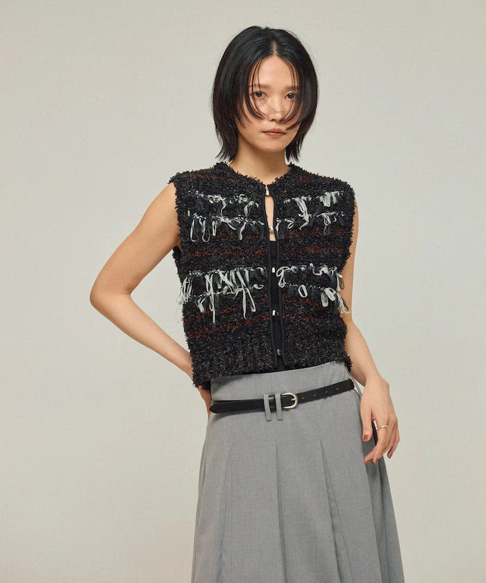 Mixed Material Fringe Knit Vest / Striped Knit Gilet