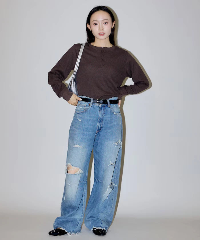 Mini Waffle Henley Neck Cropped Long Sleeve T Limited Edition