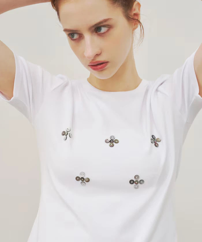Shell Button Flower Motif Cotton Modal T-Shirt