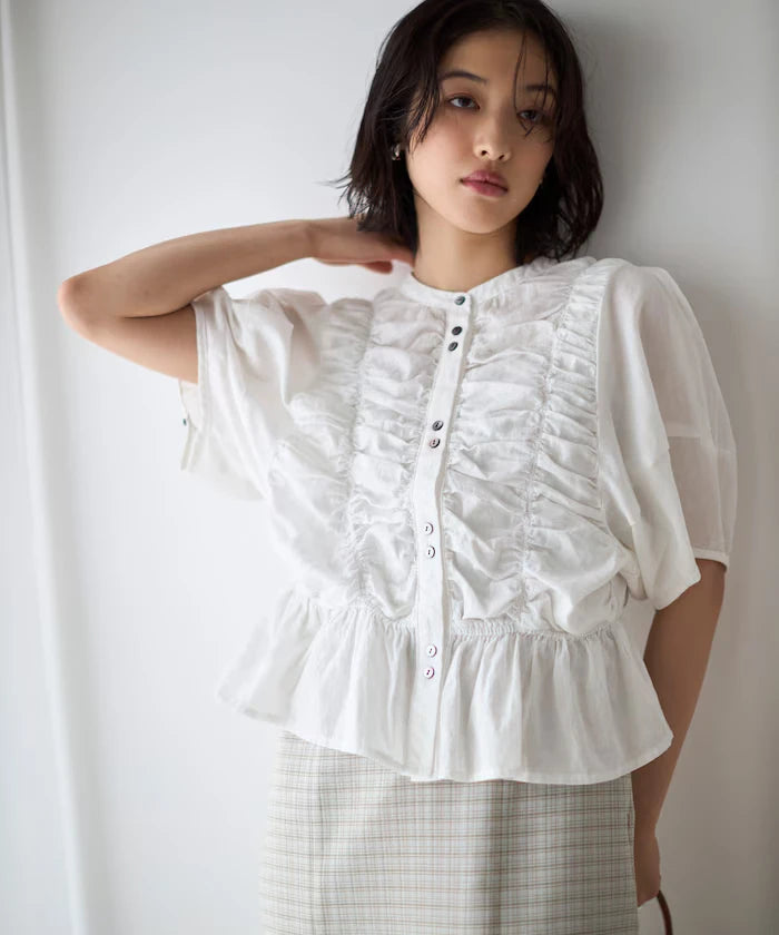 Sheer Shirring Volume Sleeve Blouse / 5 Short Sleeves