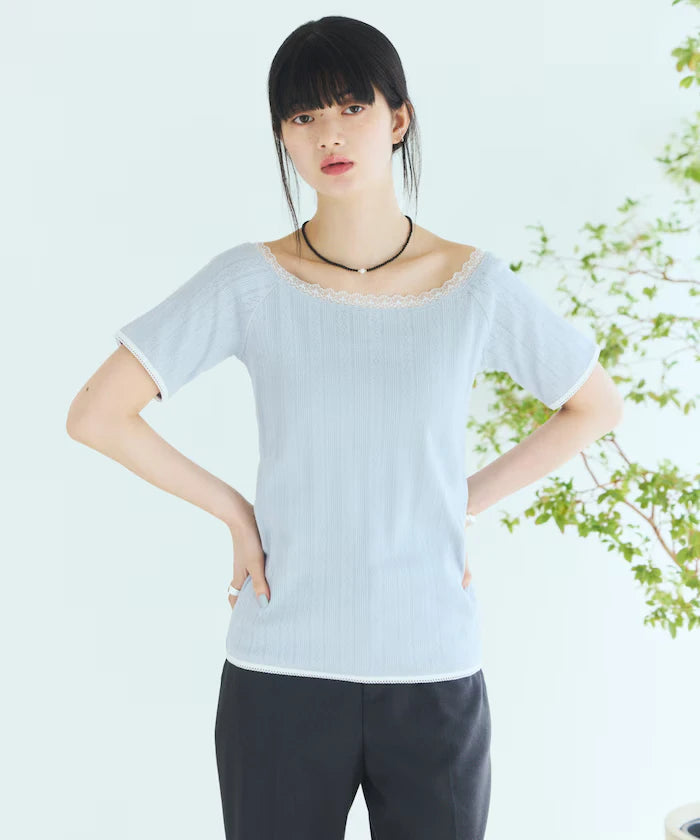 Boat Neck Pullover Knit Lace T-Shirt