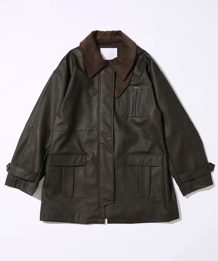 Oversized Crush Leatherette Jacket / Collar Corduroy