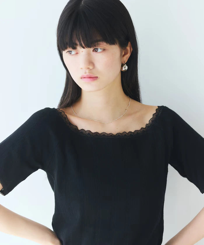 Boat Neck Pullover Knit Lace T-Shirt