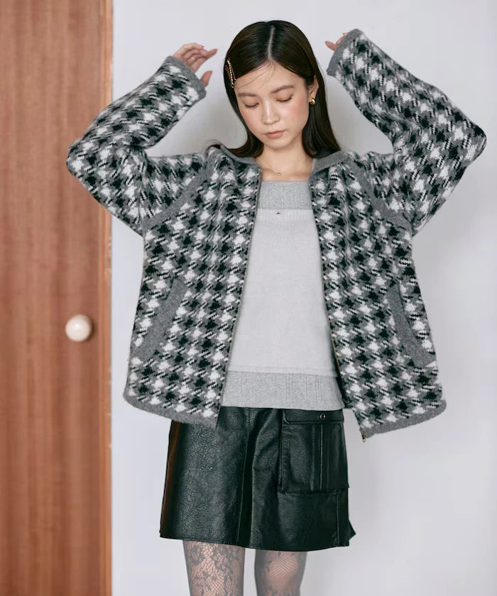 Wool Blend Gancube Check Knit Zip Blouson