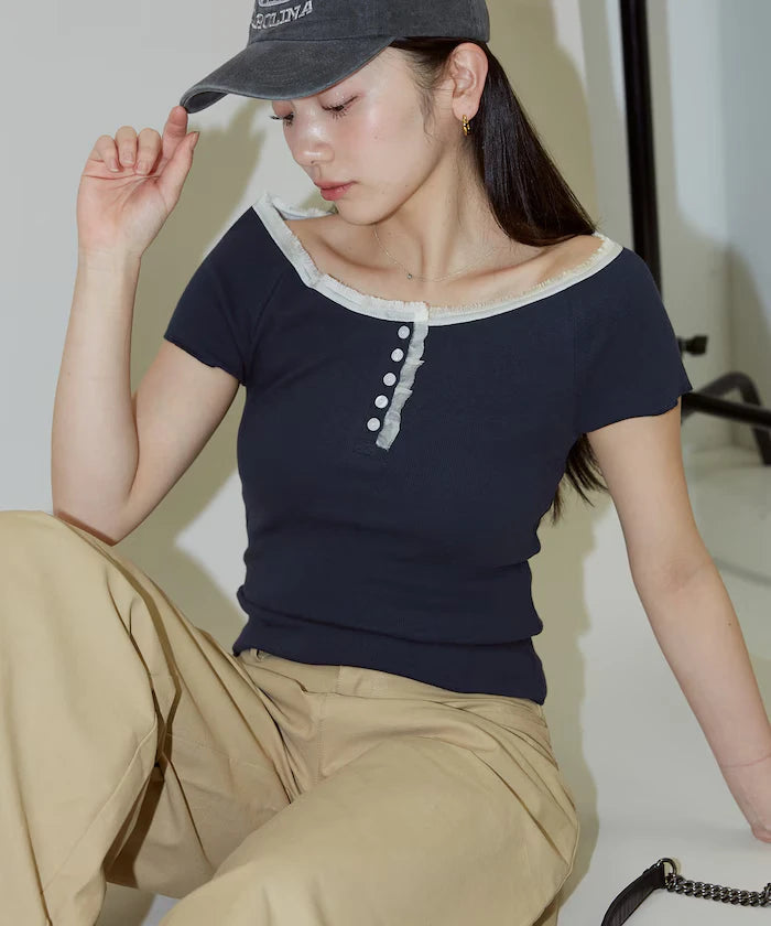 Collar Lace Contrast Henry Rib T-Shirt