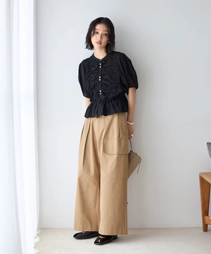 Sheer Shirring Volume Sleeve Blouse / 5 Short Sleeves