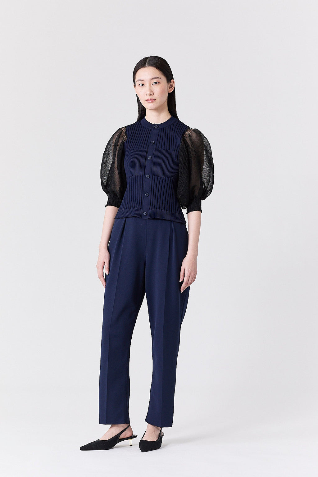 FLUTED LUCENT PUFF SLEEVE CARDIGAN