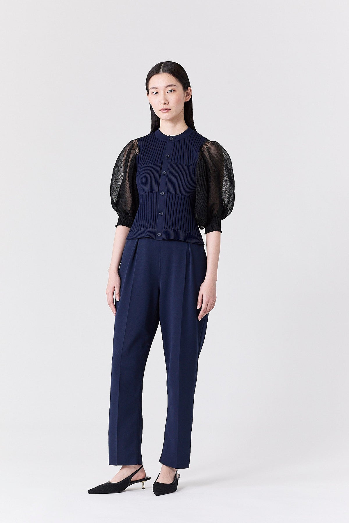 FLUTED LUCENT PUFF SLEEVE CARDIGAN