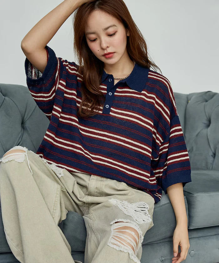 LOVE POP STUDIO Border Knit Polo Shirt Limited Edition