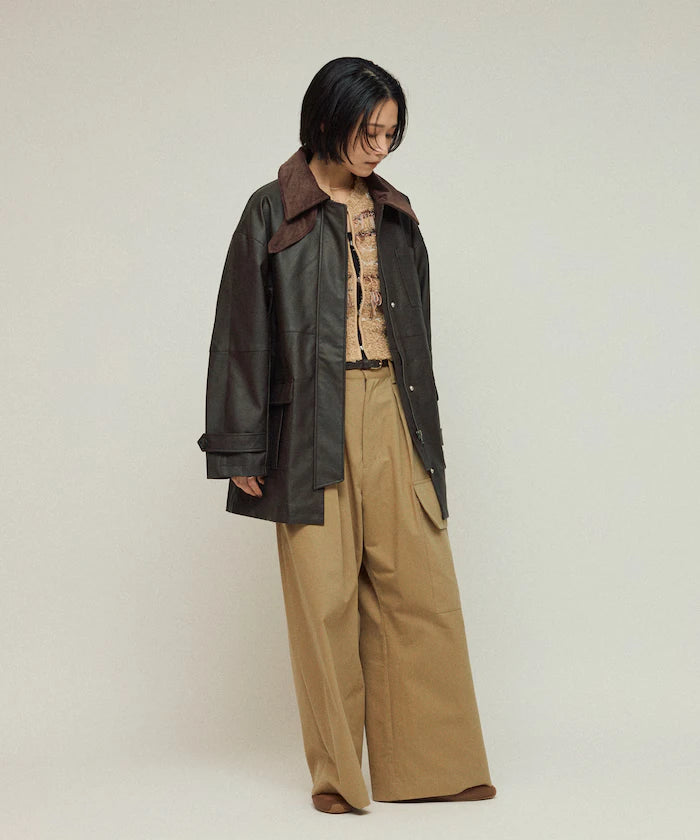 Oversized Crush Leatherette Jacket / Collar Corduroy