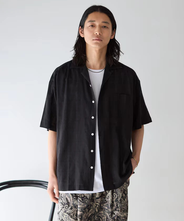 Jacquard Relaxed Fit Open Collar Short Sleeve Shirt Semi-Sheer Dobby Weave
