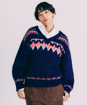 V-neck color block Nordic pattern knit