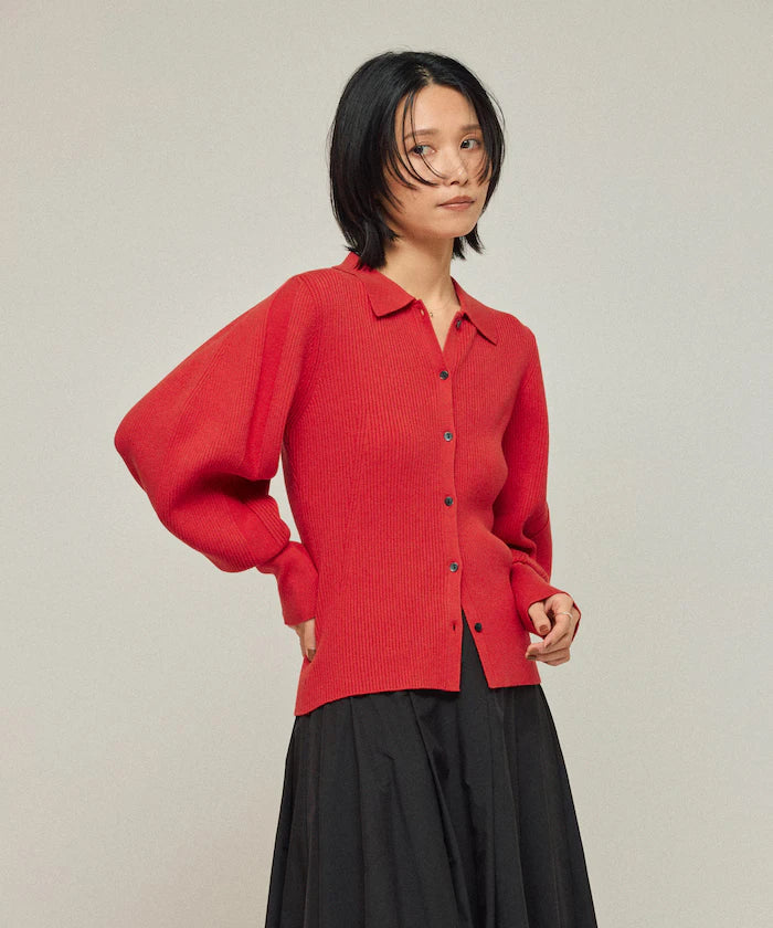 Functional material silk blend knit polo volume sleeve knit cardigan / anti-pill / machine washable