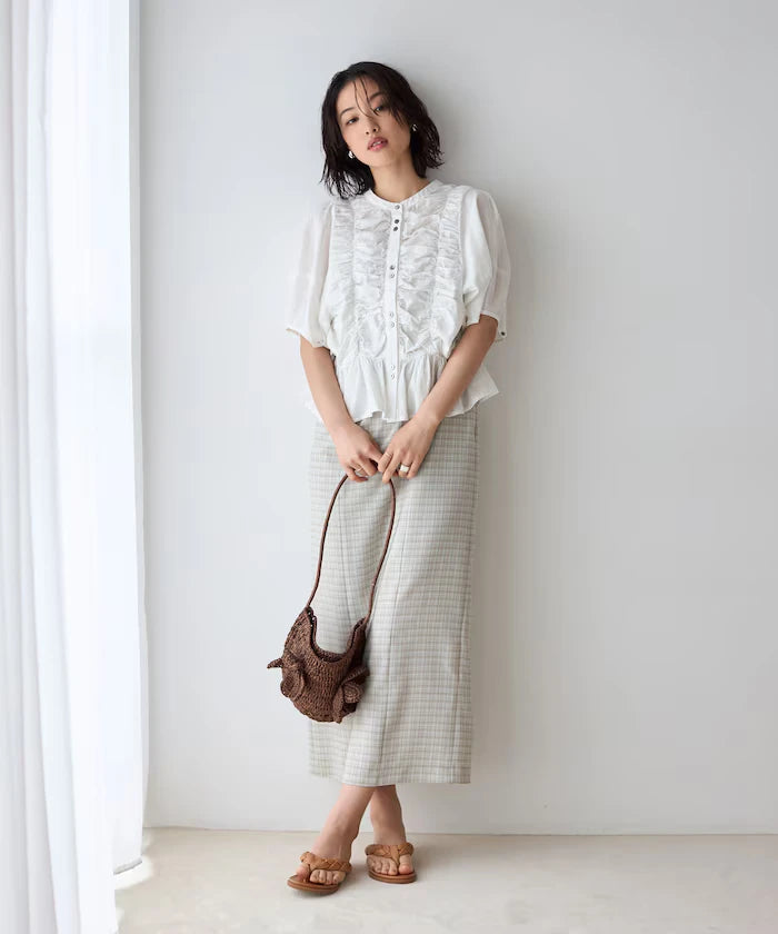 Sheer Shirring Volume Sleeve Blouse / 5 Short Sleeves