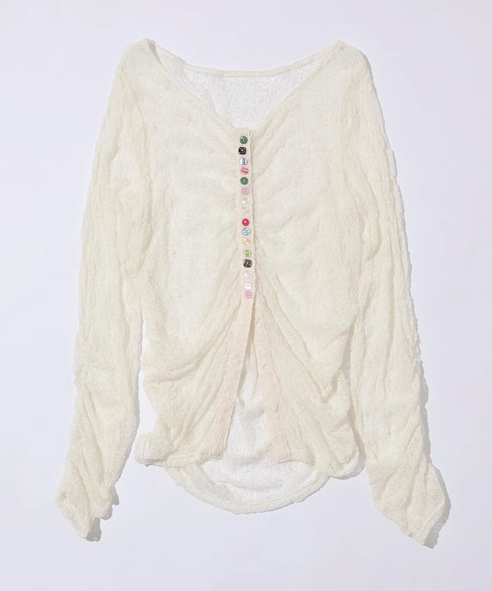 Many Button Lace Shirring Cardigan