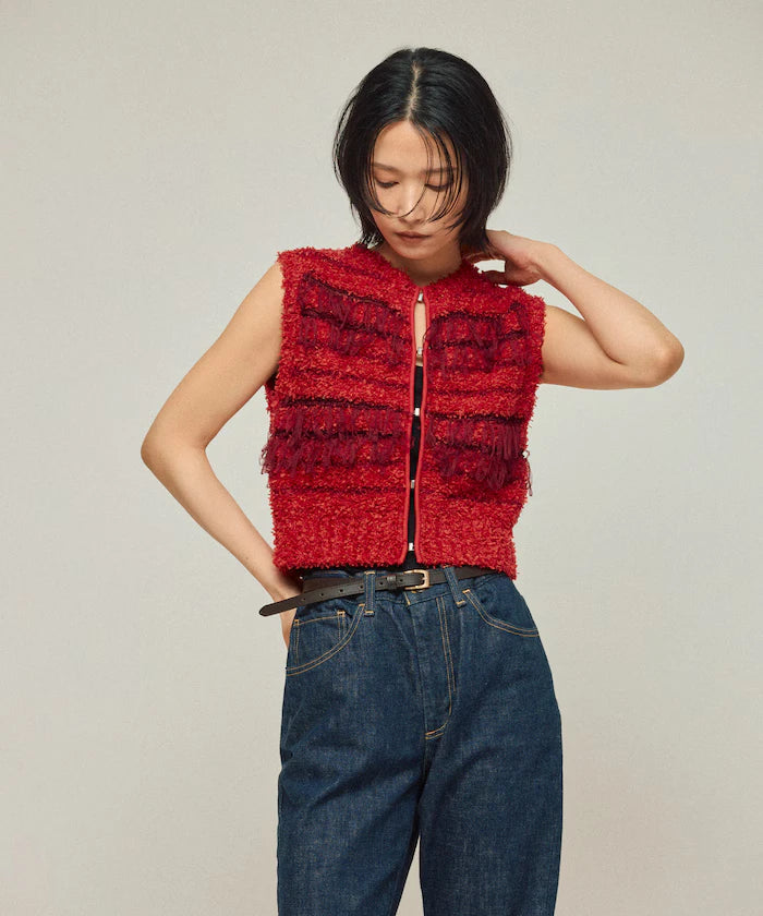 Mixed Material Fringe Knit Vest / Striped Knit Gilet