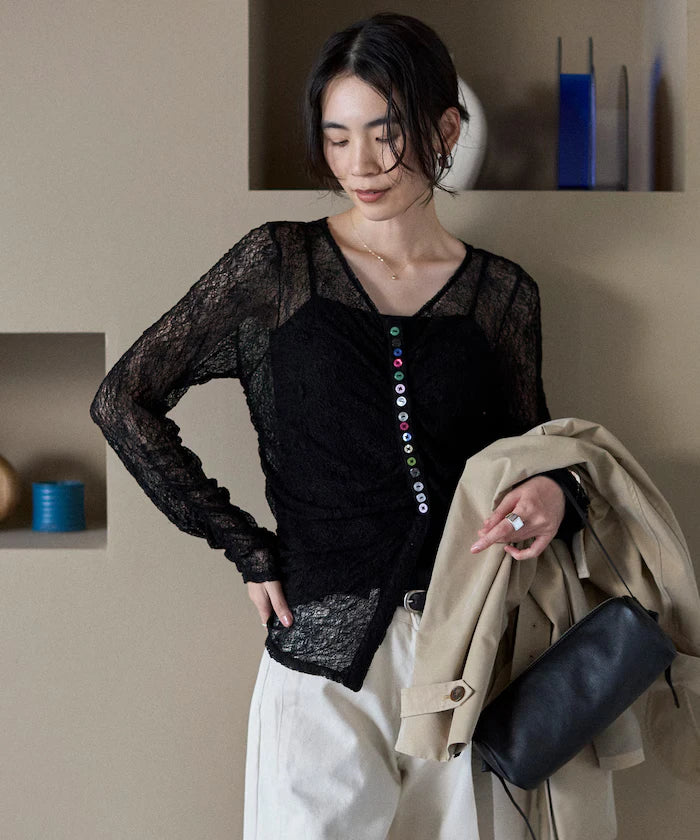 Many Button Lace Shirring Cardigan