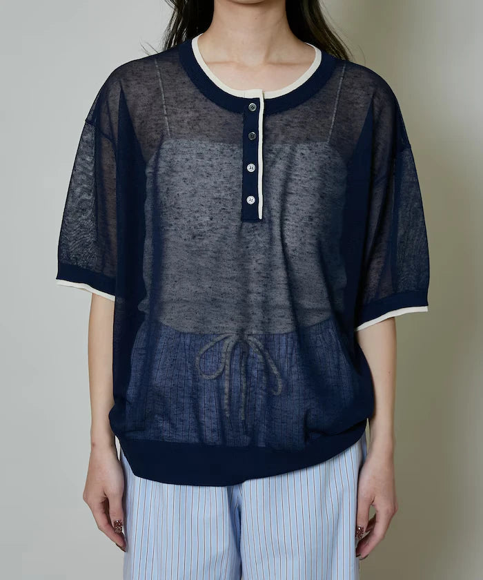 Washable linen color block henley neck knit top limited release