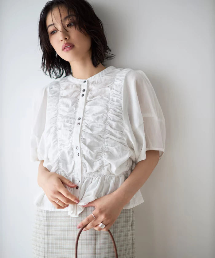 Sheer Shirring Volume Sleeve Blouse / 5 Short Sleeves