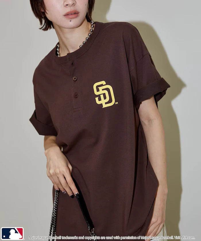 Limited Edition MLB Logo Print Henley Neck Oversized T-Shirt