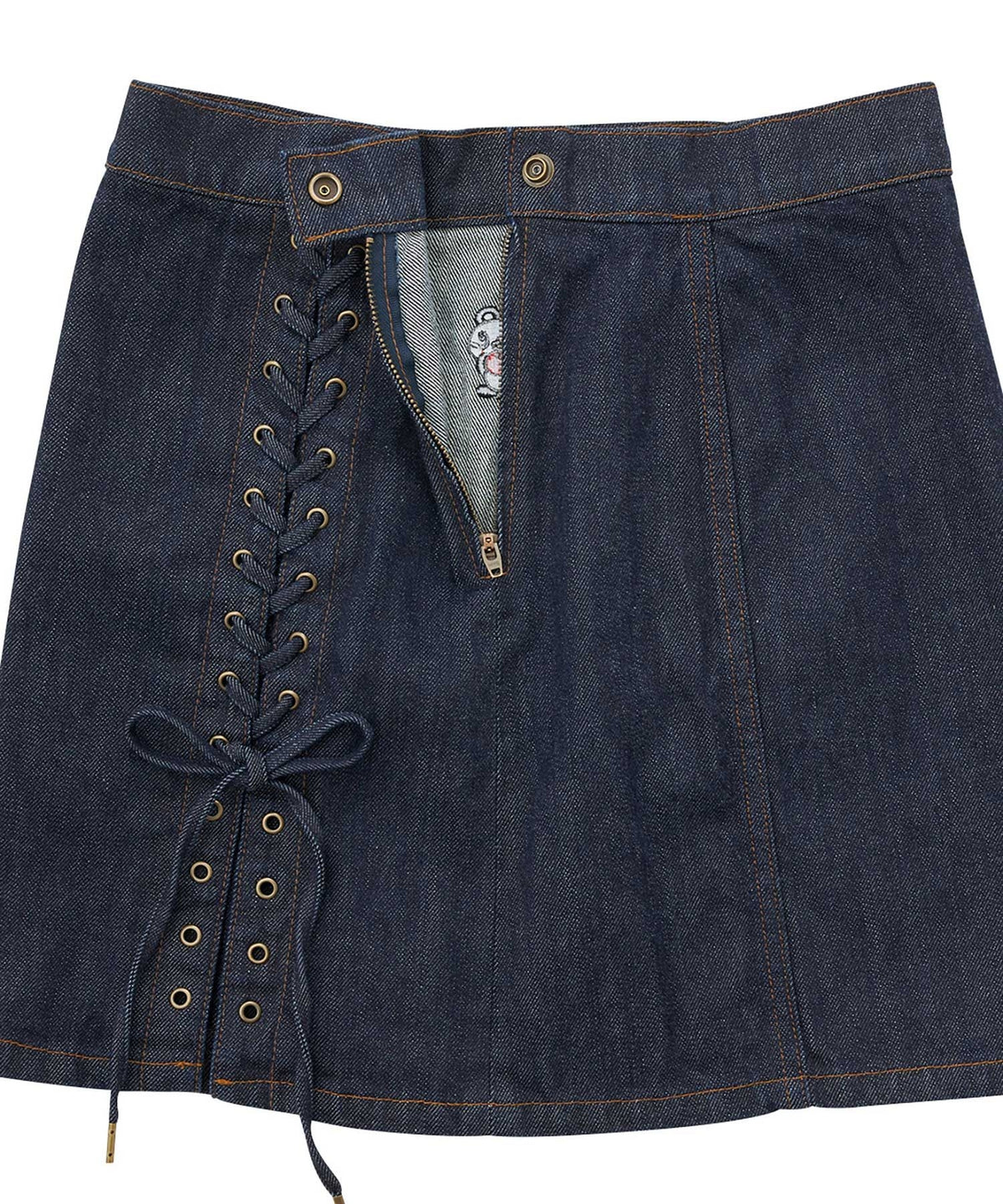 APPLE PANDA Embroidered Side Lace-Up Denim Mini Skirt