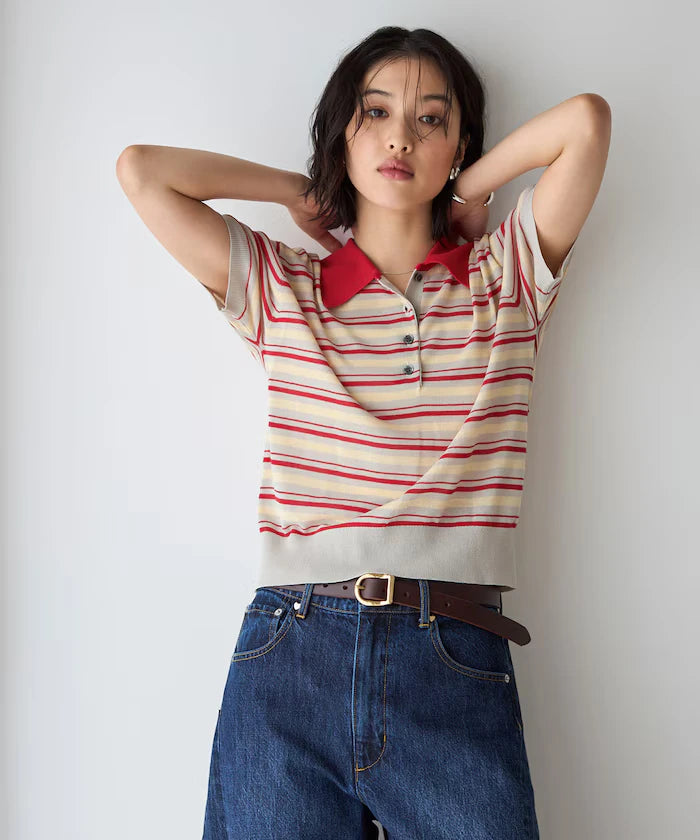 Relaxed Fit Color Design Polo Knit / Bicolor / Multi Stripe