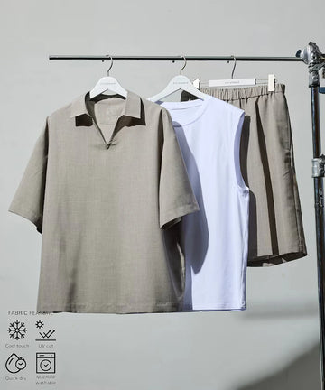 Functional Fabric Pullover Short Sleeve Shirt Set 3-piece Set / Washable / UV Cut / Quick Dry / Cool Touch