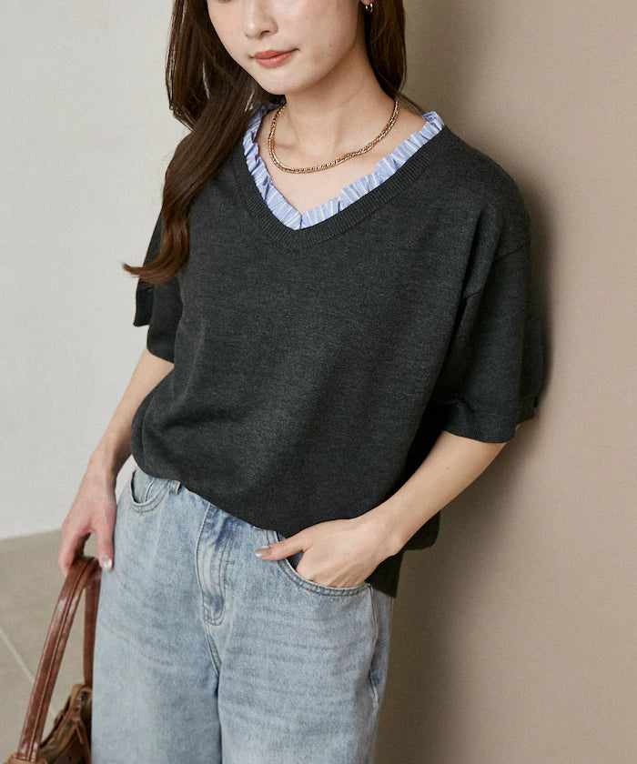 Shirt Frill V-Neck Half Sleeve Summer Knit Limited Edition