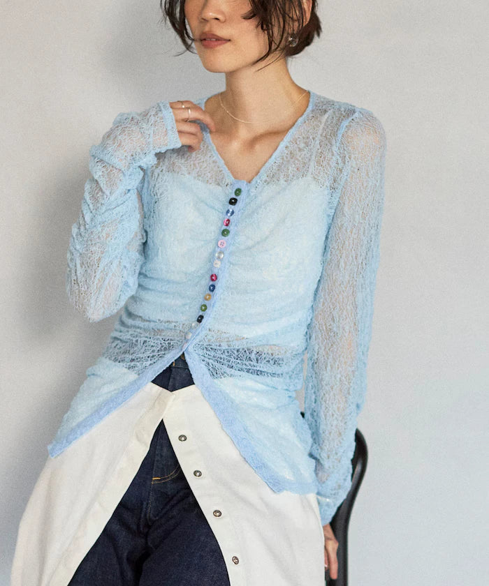 Many Button Lace Shirring Cardigan