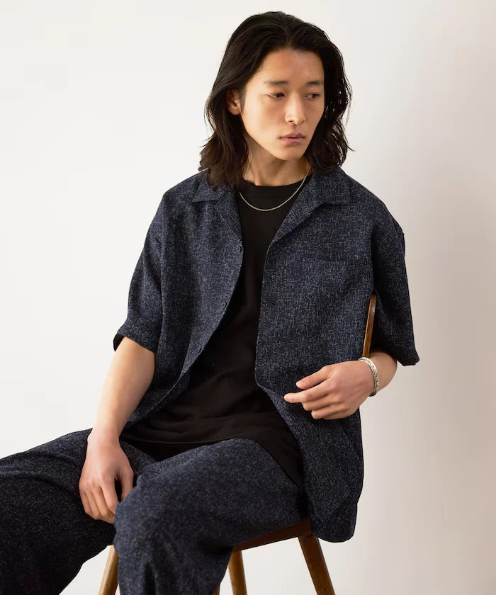 Dry Touch Summer Tweed Short Sleeve Open Collar Shirt